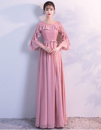 2018 New Style Long Chiffon Evening Dresses with 3/4 Long Sleeves