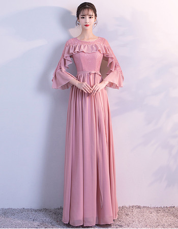 Long Chiffon Evening Dresses with 3/4 Long Sleeves