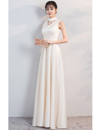 Custom Mock Neck Sleeveless Floor Length Satin Evening Dresses