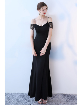 Sexy Spaghetti Straps Long Evening Dresses with Short Lace Sleeves