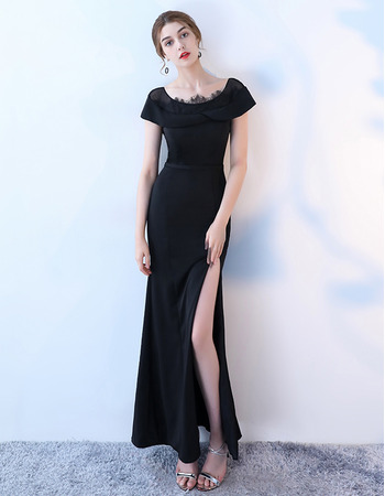 Custom Sheath Short Sleeves Floor Length Satin Evening Dress with Slit