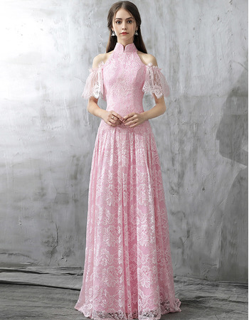 Elegant Mandarin Collar Cold Shoulder Long Lace Evening Dresses