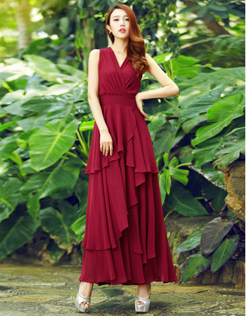 Custom V-Neck Sleeveless Ankle Length Chiffon Evening Dresses