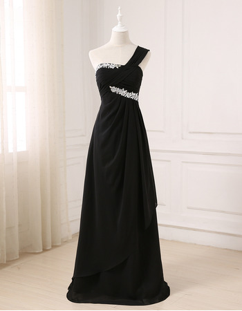 Elegant One Shoulder Floor Length Chiffon Black Evening Dresses