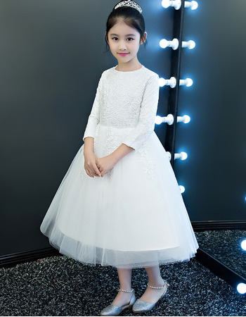 Custom Tea Length Lace Organza Flower Girl Dresses with Long Sleeves