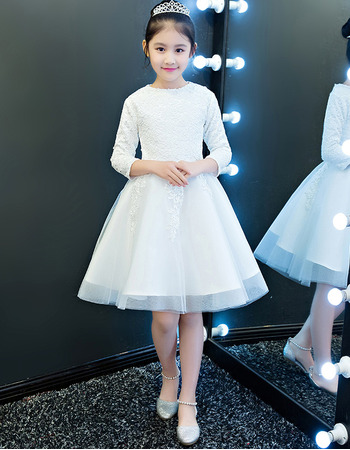 Adorable Short Lace Organza Flower Girl Dresses with Long Sleeves