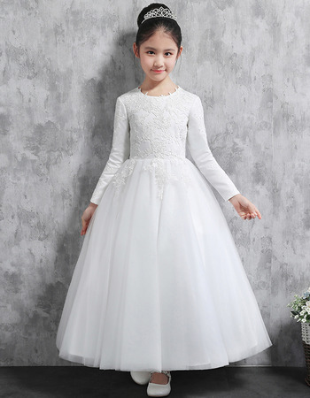 Custom Ankle Length Satin Flower Girl Dresses with Long Sleeves