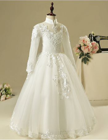 Custom Mandarin Collar Long Flower Girl Dresses with Long Sleeves