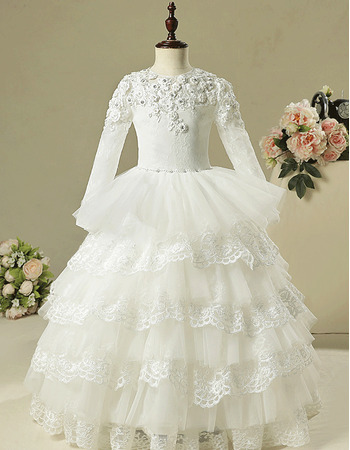 Inexpensive Layered Skirt Flower Girl Dresses with Long Sleeves