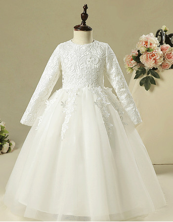 Adorable Long Lace Organza Flower Girl Dresses with Long Sleeves