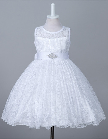 Sleeveless Knee Length Lace Flower Girl Dress with Belt