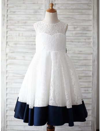 Stunning Sleeveless Knee Length Lace Flower Girl Dress with Bow