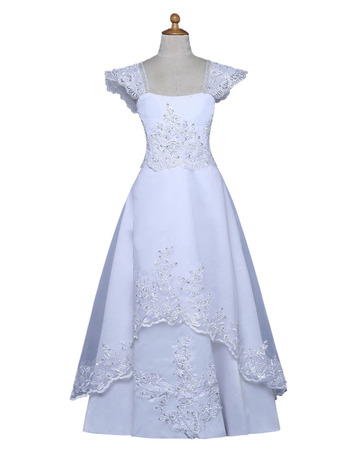 Custom Square Cap Sleeves Floor Length Satin Flower Girl Dresses