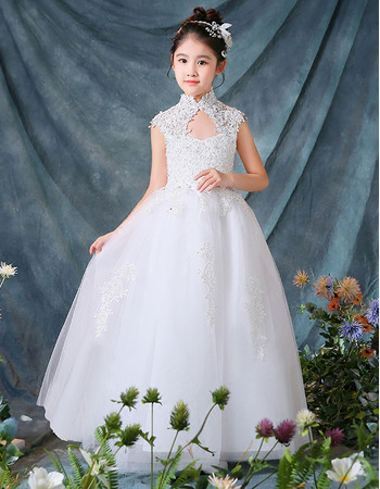 Inexpensive Mandarin Collar Floor Length Organza Flower Girl Dresses