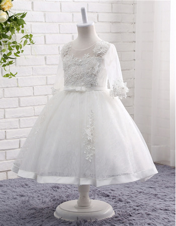 Adorable Tea Length Organza Flower Girl Dresses with 3/4 Long Sleeves