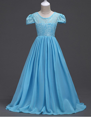 Custom Floor Length Chiffon Lace Flower Girl Dress with Short Sleeves