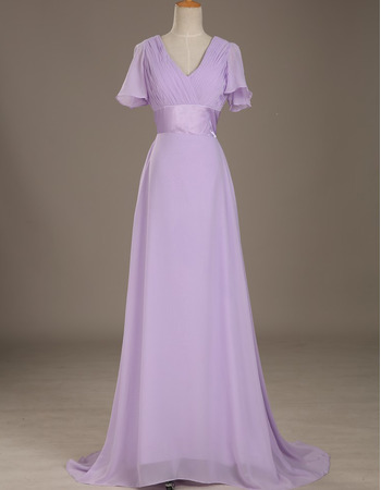 Affordable V-Neck Floor Length Chiffon Mother Dress with Short Sleeves