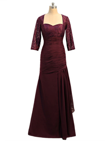 Inexpensive Floor Length Mother Dresses with 3/4 Long Lace Sleeves