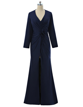 Custom Sheath V-Neck Long Satin Mother Dresses with Long Sleeves