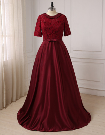 Affordable Floor Length Lace Satin Mother Dresses with Short Sleeves