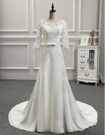 Vintage Court Train Chiffon Wedding Dresses with 3/4 Long Sleeves