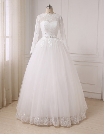 Discount Ball Gown Floor Length Wedding Dresses with Long Sleeves