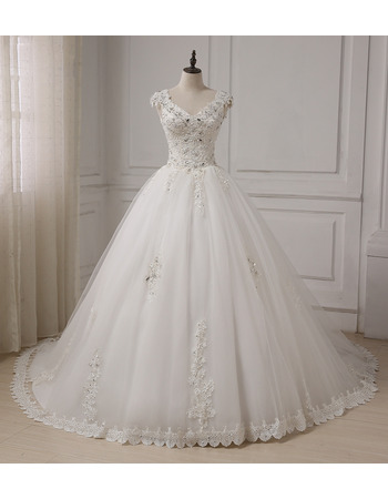 Elegant A-Line V-Neck Sleeveless Chapel Train Organza Wedding Dresses