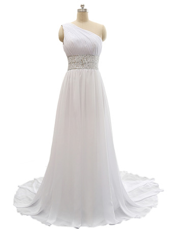 Custom One Shoulder Sweep Train Chiffon Lace-Up Wedding Dresses
