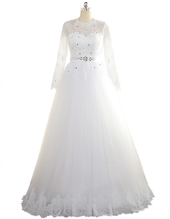 Affordable A-Line Floor Length Tulle Wedding Dresses with Long Sleeves