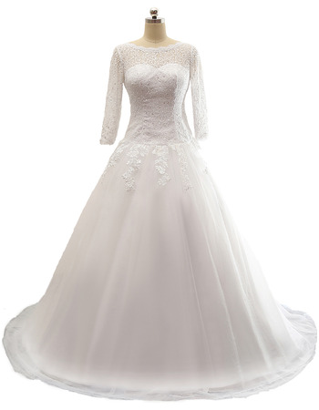 New A-Line Floor Length Wedding Dresses with 3/4 Long Sleeves