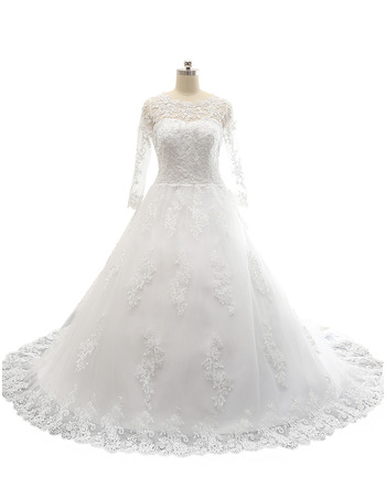 Custom A-Line Court Train Satin Tulle Wedding Dress with Long Sleeves