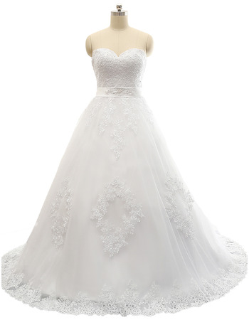 Discount A-Line Sweetheart Sweep Train Satin Tulle Wedding Dresses