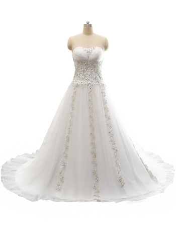 A-Line Sweetheart Sweep Train Beading Wedding Dresses