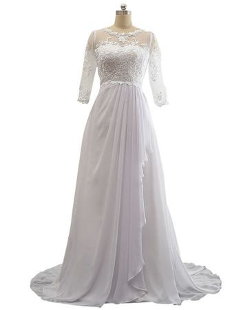 Custom Sweep Train Chiffon Wedding Dresses with 3/4 Long Sleeves