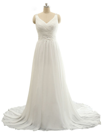 Custom V-Neck Sweep Train Chiffon Wedding Dresses with Straps