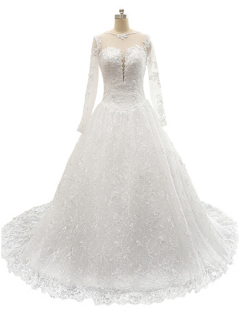 Affordable A-Line Court Train Lace Wedding Dresses with Long Sleeves