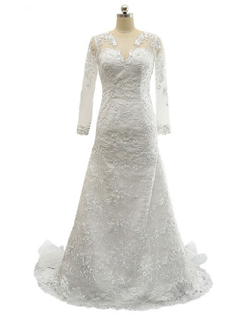 Custom V-Neck Floor Length Lace Wedding Dresses with Long Sleeves