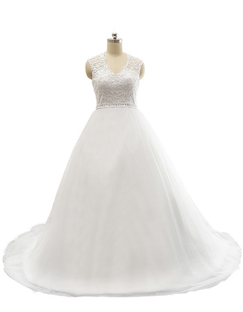 Custom A-Line V-Neck Court Train Satin Organza Wedding Dresses