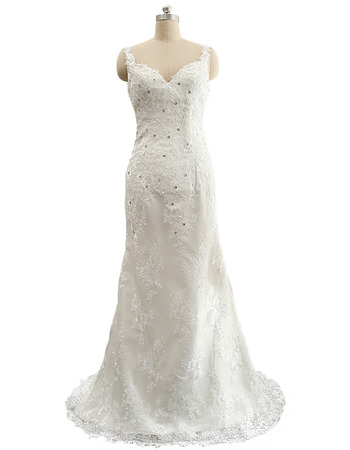 Affordable Sheath Sweetheart Lace Wedding Dress with Spaghetti Straps