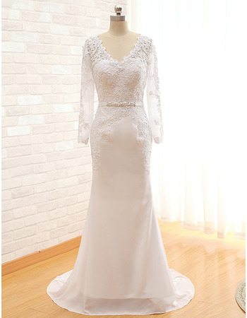 V-Neck Sweep Train Wedding Dresses with Long Sleeves