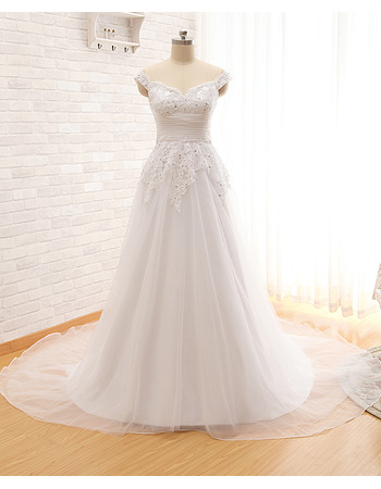 Discount Sweetheart Court Train Organza Wedding Dresses with Straps