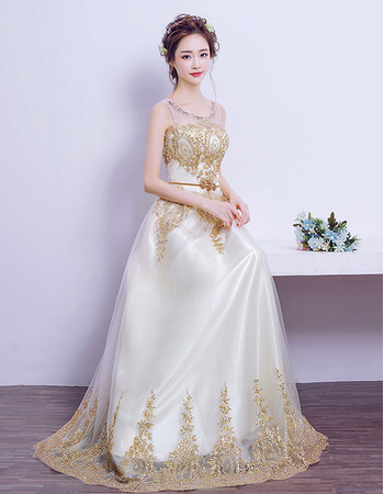 Elegant Floor Length Satin Organza Embroidery Wedding Dresses