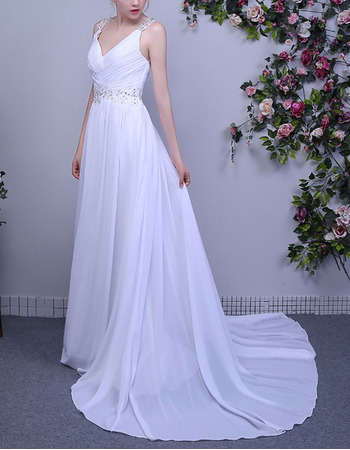 V-Neck Sleeveless Sweep Train Chiffon Wedding Dresses