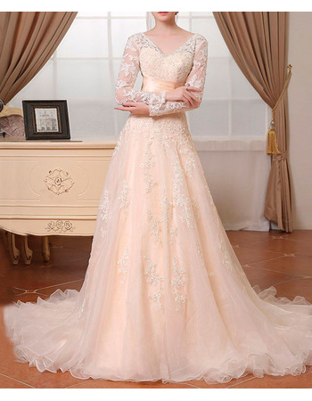 Custom V-Neck Sweep Train Lace Wedding Dresses with Long Sleeves