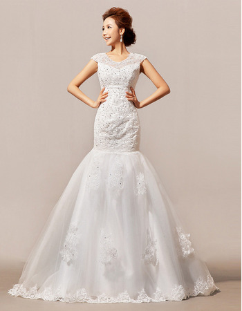 Elegant Trumpet Floor Length Satin Organza Beading Wedding Dresses