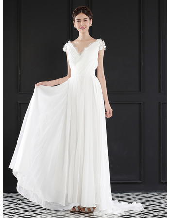 V-Neck Floor Length Chiffon Wedding Dresses with Short Sleeves