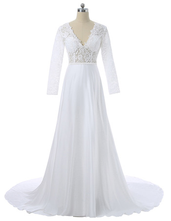 Affordable V-Neck Satin Wedding Dresses with Long Lace Sleeves