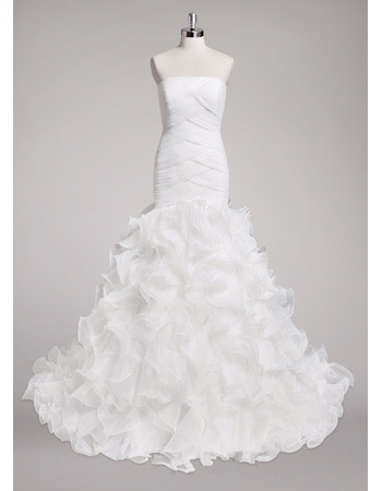 Custom Sheath Strapless Sweep Train Organza Ruffle Skirt Wedding Dress