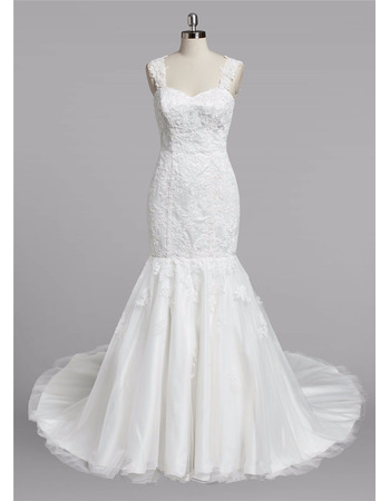 Discount Trumpet Sweetheart Straps Sweep Train Lace Wedding Dresses