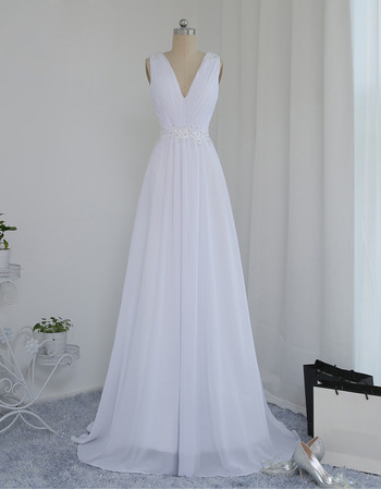 Vintage V-Neck Sleeveless Sweep Train Chiffon Wedding Dresses